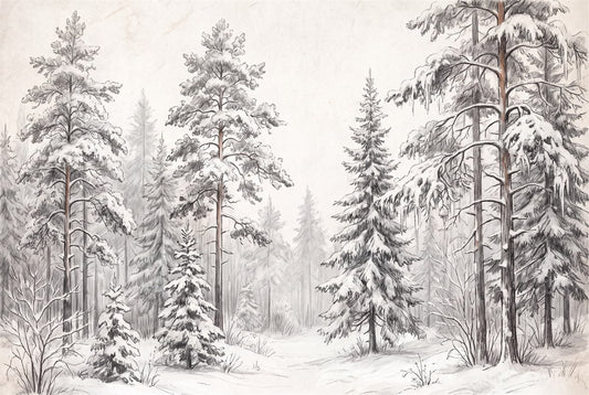 Gray Sketch Pine Forest Wallpaper Mural pattern detail