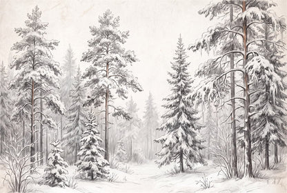 Gray Sketch Pine Forest Wallpaper Mural pattern detail