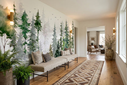 Fresh Green Watercolor Pine Tree Wallpaper Mural interior setting