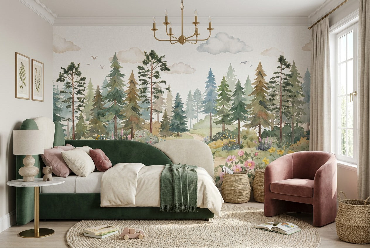 Green Meadow Pine Tree Wallpaper Mural interior setting