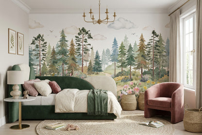 Green Meadow Pine Tree Wallpaper Mural interior setting