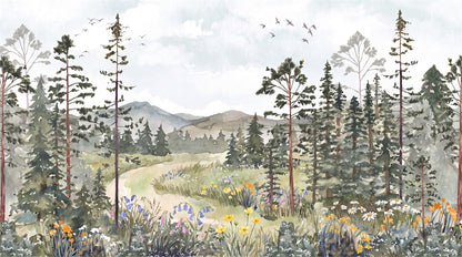 Emerald Meadow Pine Tree Wallpaper Mural pattern detail