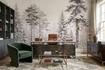 White Winter Pine Forest Wallpaper Mural interior setting