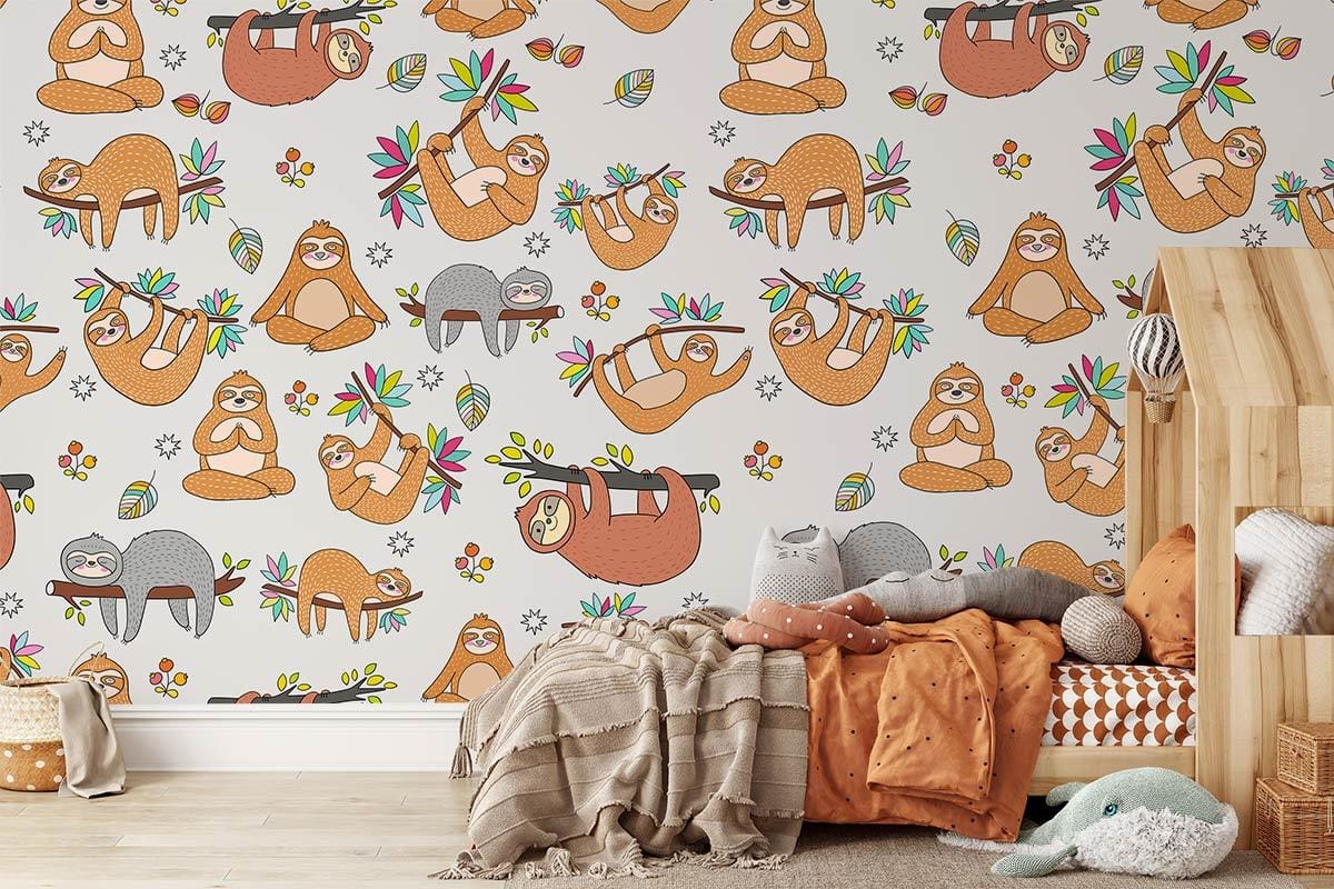 Whimsical Sloth Pattern Kids Wallpaper Mural