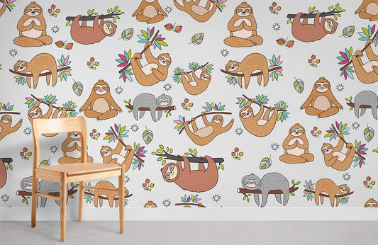 Sloths on a forest wallpaper mural in the room