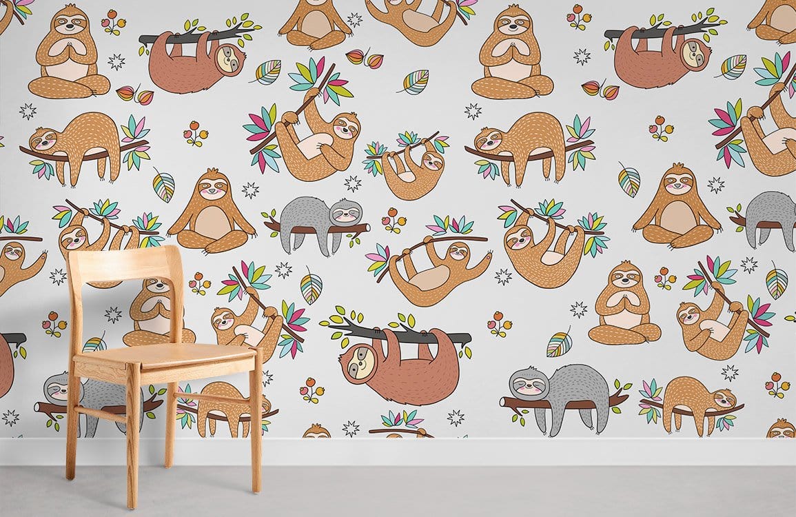 Whimsical Sloth Pattern Kids Wallpaper Mural