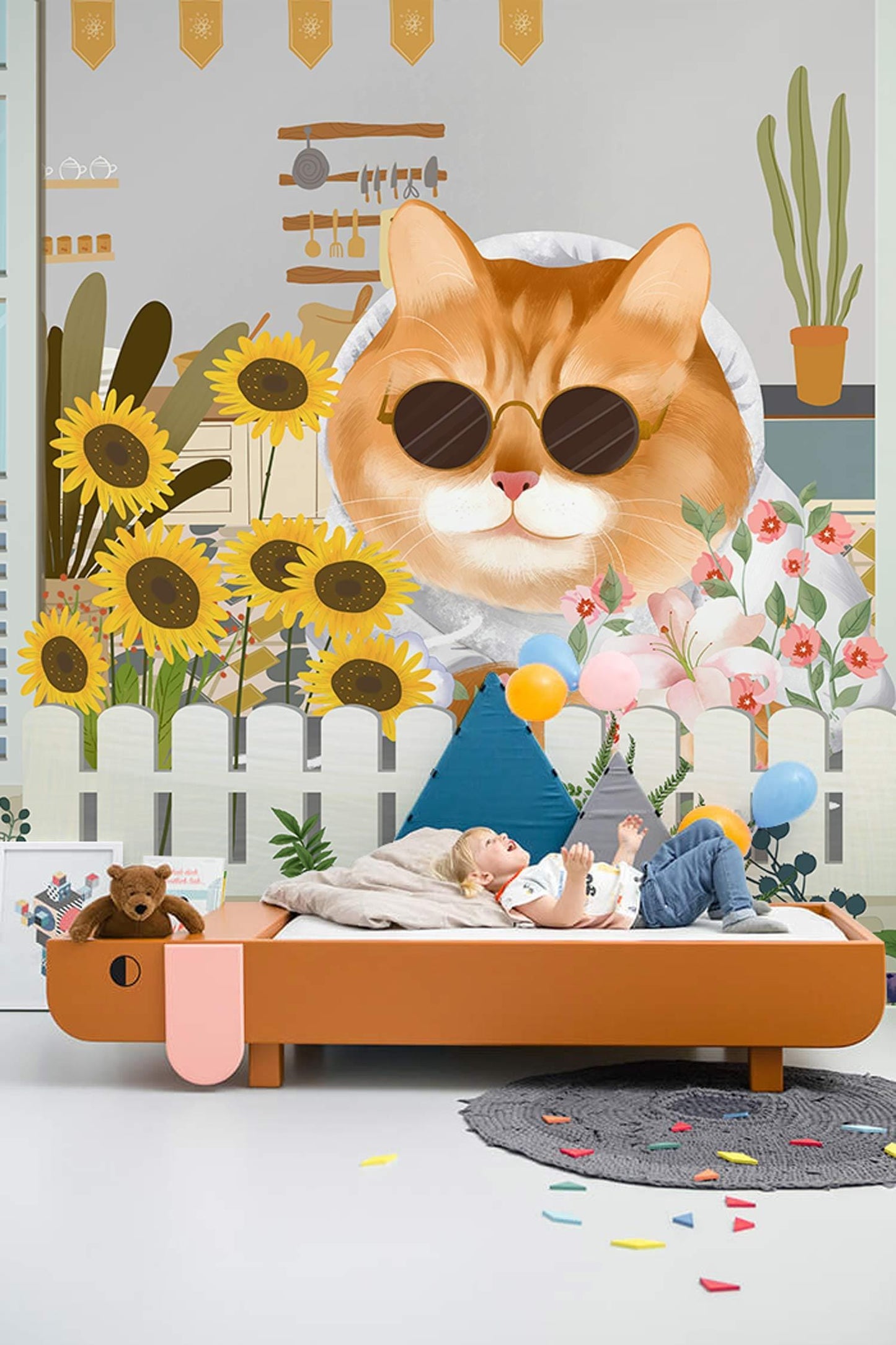 Whimsical Cat Floral Garden Wallpaper Mural