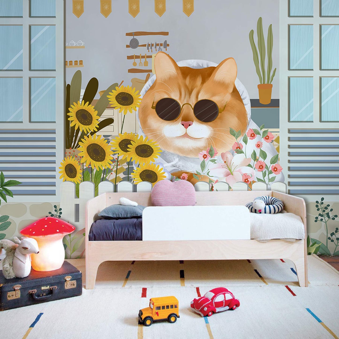 Whimsical Cat Floral Garden Wallpaper Mural