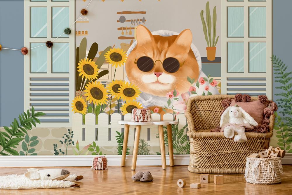 Whimsical Cat Floral Garden Wallpaper Mural