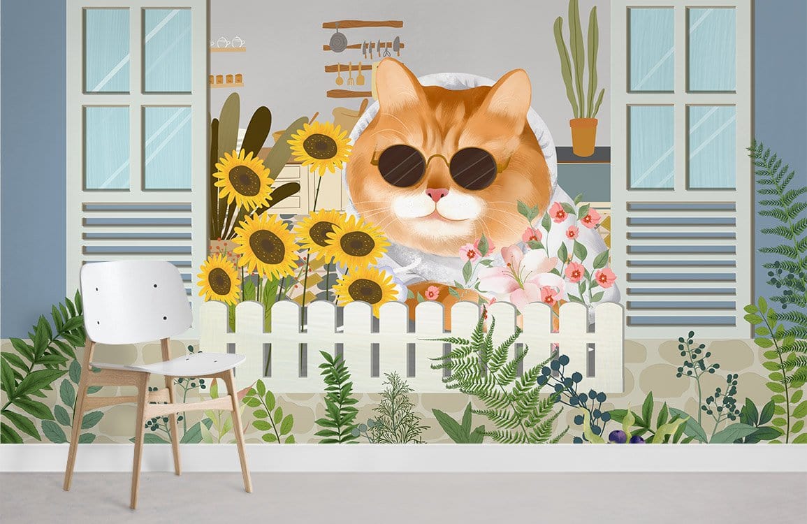 Whimsical Cat Floral Garden Wallpaper Mural