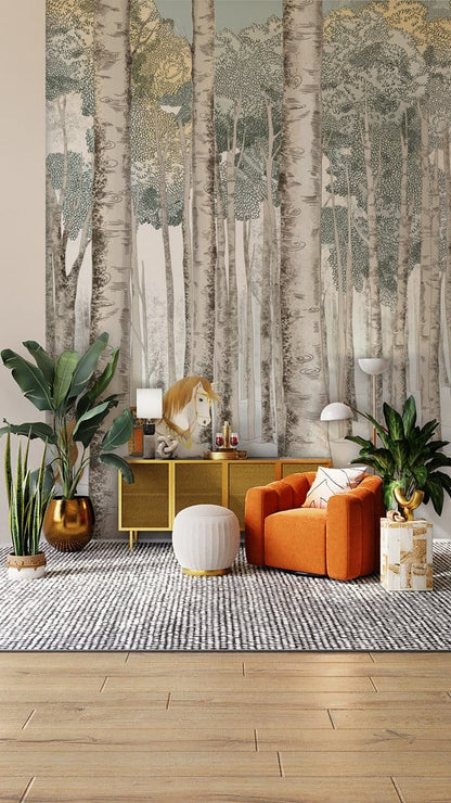 Decorate your living room with this horse in the woods wallpaper mural.