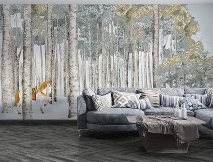 Decorate your living room with this horse in the woods wallpaper mural.