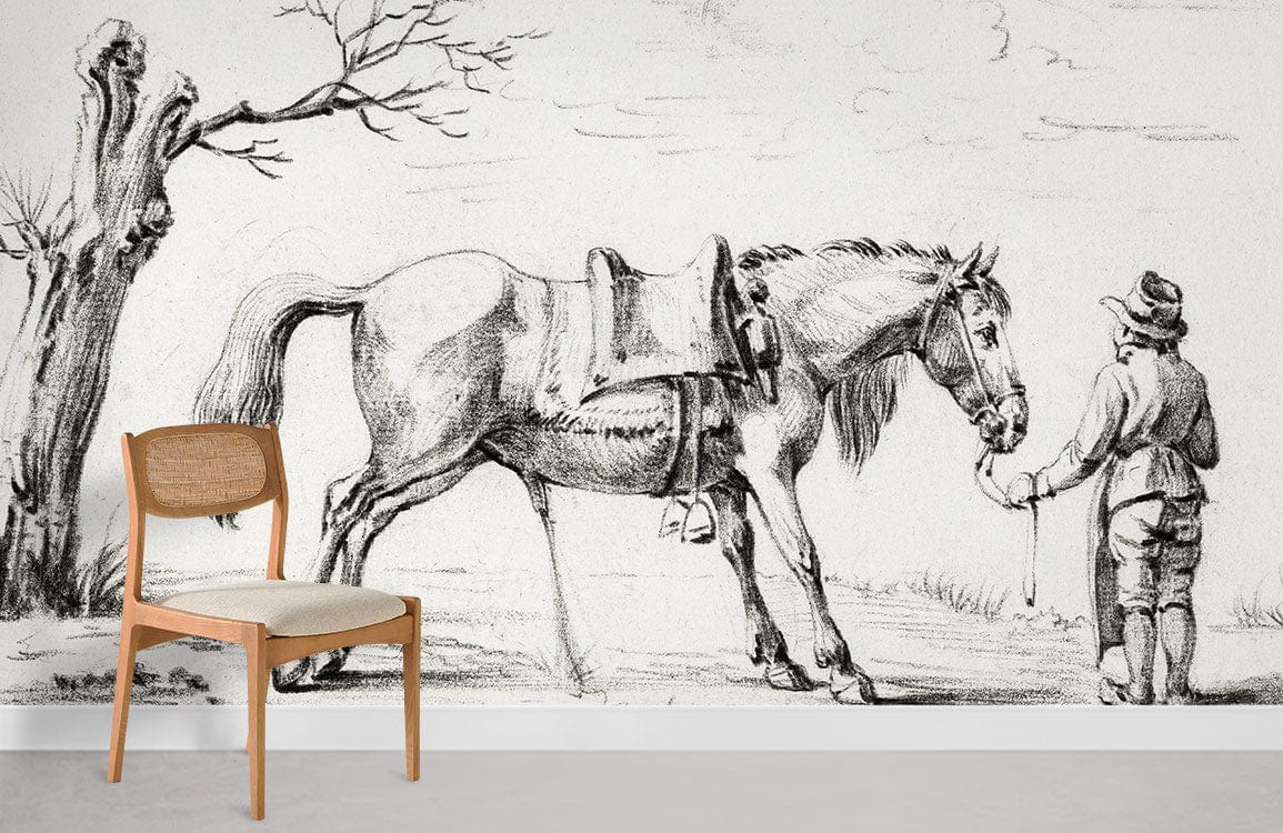 Vintage Equestrian Sketch Art Mural Wallpaper