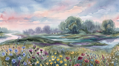 Rose Watercolor Flower Meadow Wallpaper Mural - 2