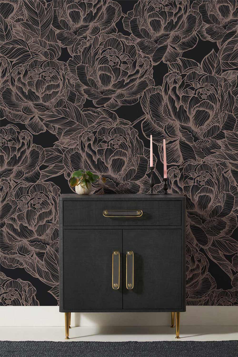 Elegant Black Floral Botanical Mural Wallpaper