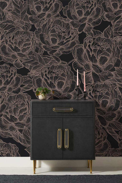 dark  bloomy flowers on sculpture mural wallpaper for hallway
