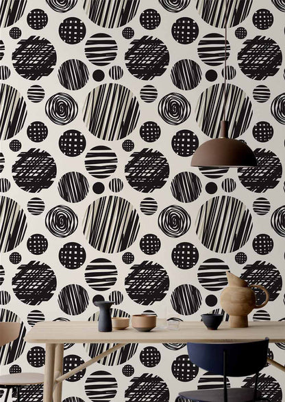 Abstract Black and White Mural Wallpaper in dining room