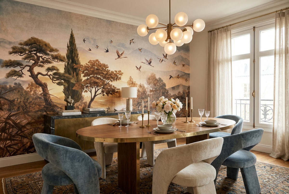 Rust Birds and Trees Landscape Wallpaper Mural - 1
