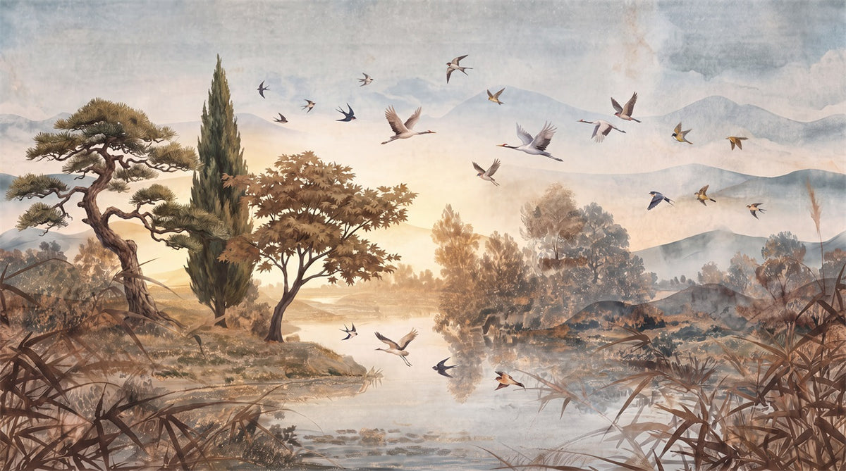 Rust Birds and Trees Landscape Wallpaper Mural