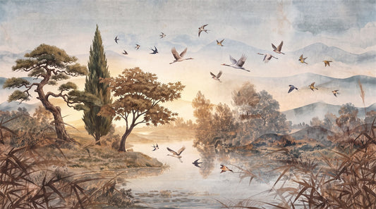 Rust Birds and Trees Landscape Wallpaper Mural - 2