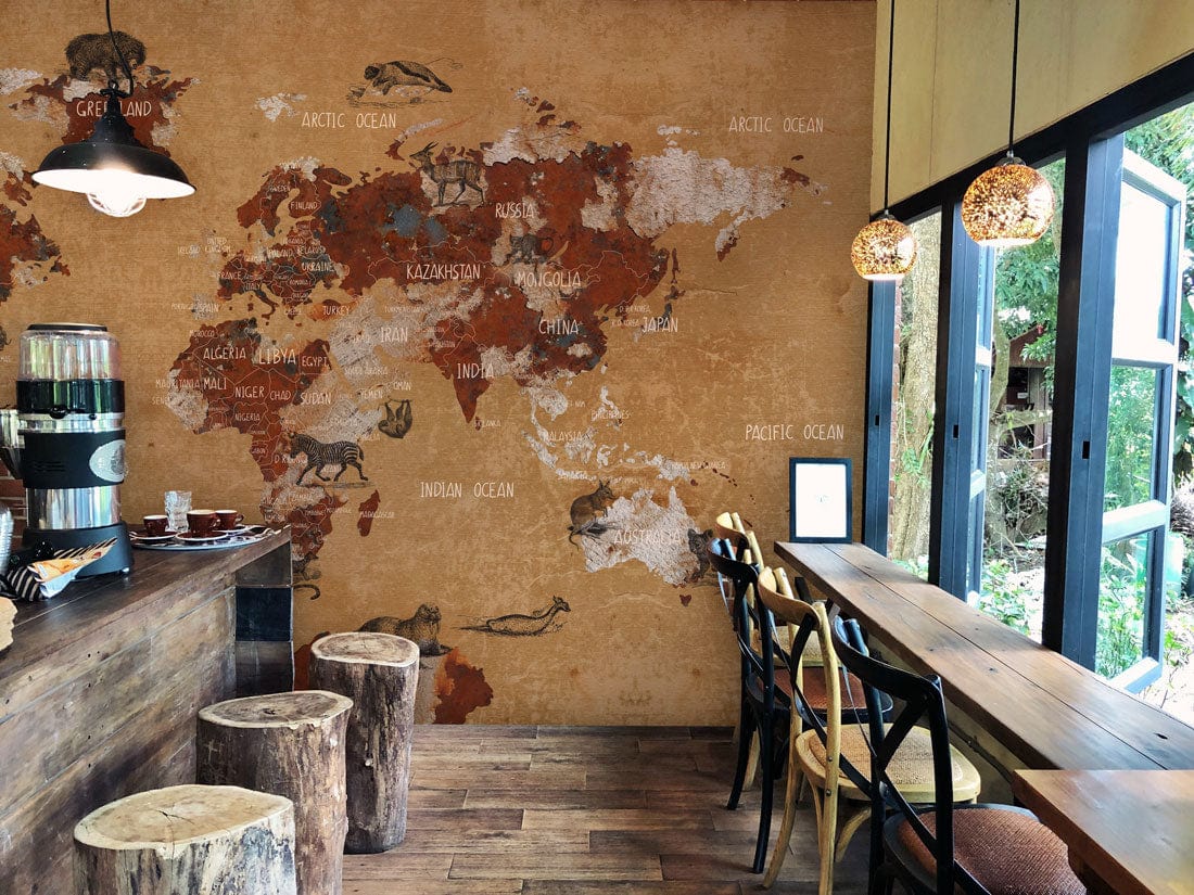 Vintage World Map Animal Mural Wallpaper