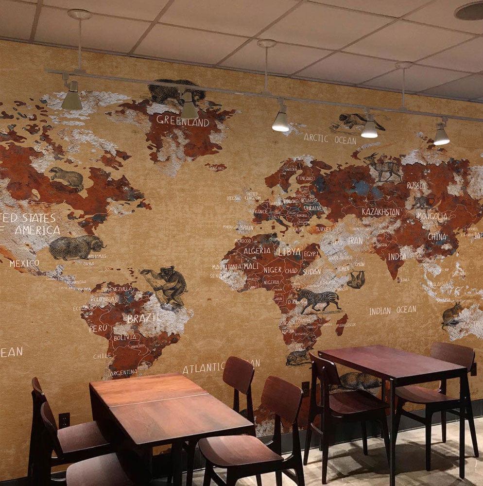 Vintage World Map Animal Mural Wallpaper