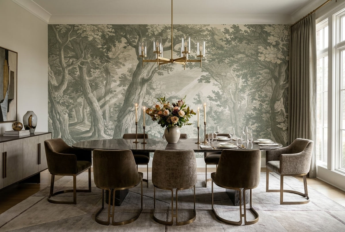 Sunlit Forest Etching Sage Wallpaper Mural - image 3