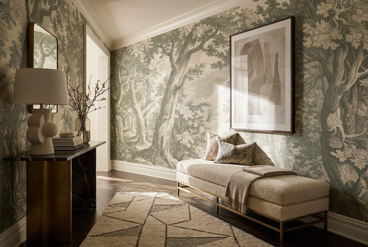 Sunlit Forest Etching Sage Wallpaper Mural - image 2