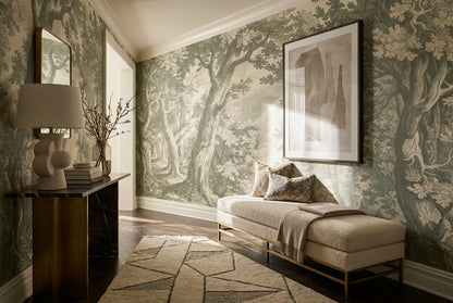 Sunlit Forest Etching Sage Wallpaper Mural - image 2