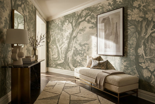 Sunlit Forest Etching Sage Wallpaper Mural - image 2