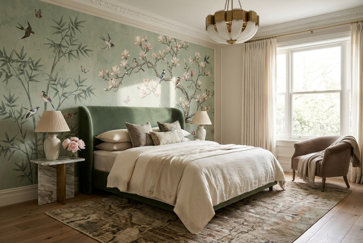 Sage Magnolia Birds Chinoiserie Wallpaper Mural - 4