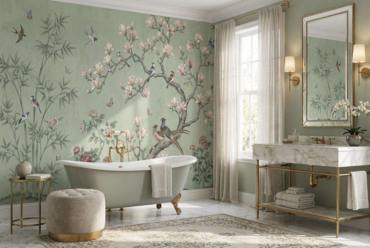 Sage Magnolia Birds Chinoiserie Wallpaper Mural - 3