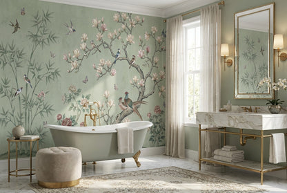 Sage Magnolia Birds Chinoiserie Wallpaper Mural - 3