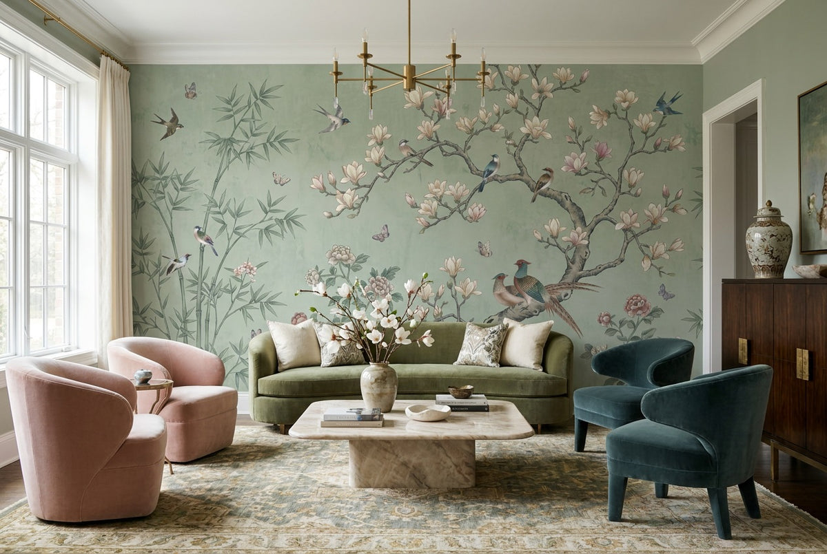 Sage Magnolia Birds Chinoiserie Wallpaper Mural - 6