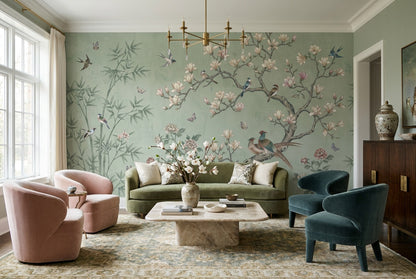 Sage Magnolia Birds Chinoiserie Wallpaper Mural - 6