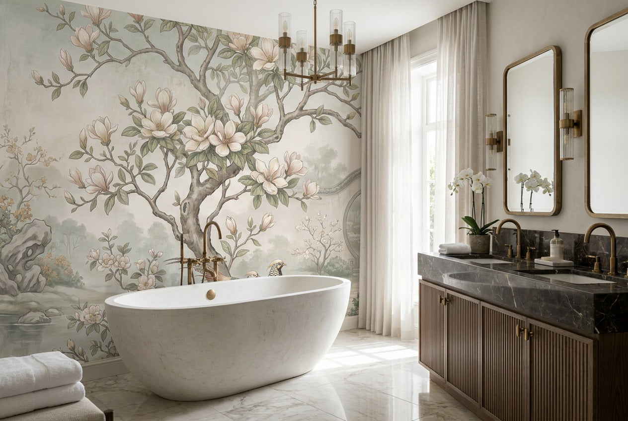 Sage Magnolia Moon Gate Chinoiserie Wallpaper Mural - 3