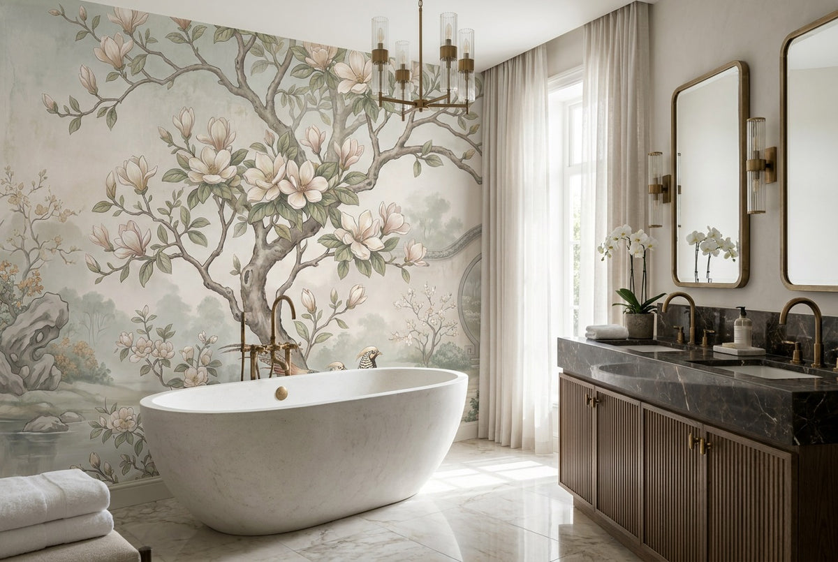Sage Magnolia Moon Gate Chinoiserie Wallpaper Mural - 3