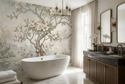 Sage Magnolia Moon Gate Chinoiserie Wallpaper Mural - 3