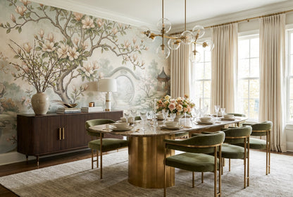 Sage Magnolia Moon Gate Chinoiserie Wallpaper Mural - 1