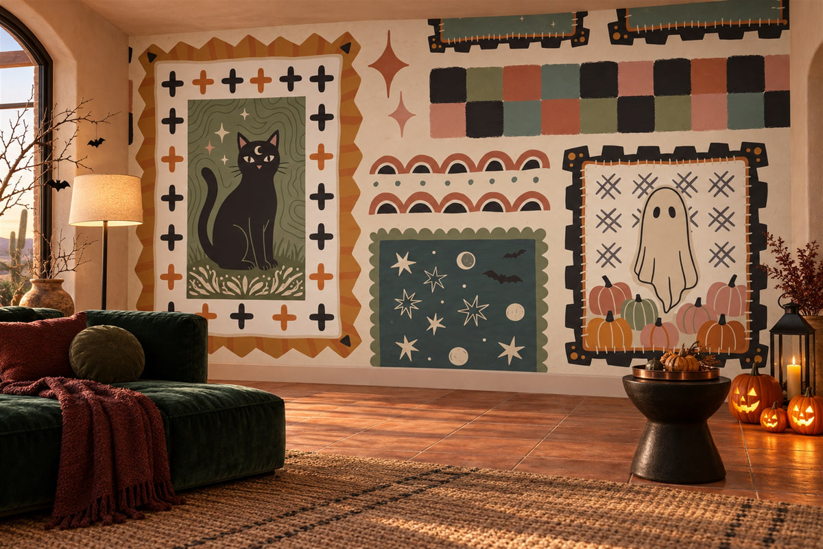 Black Cat Ghost Patchwork Halloween Wallpaper Mural - image 4