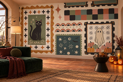 Black Cat Ghost Patchwork Halloween Wallpaper Mural - image 4
