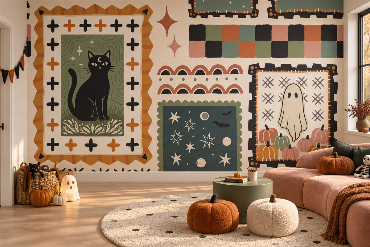 Black Cat Ghost Patchwork Halloween Wallpaper Mural - image 3