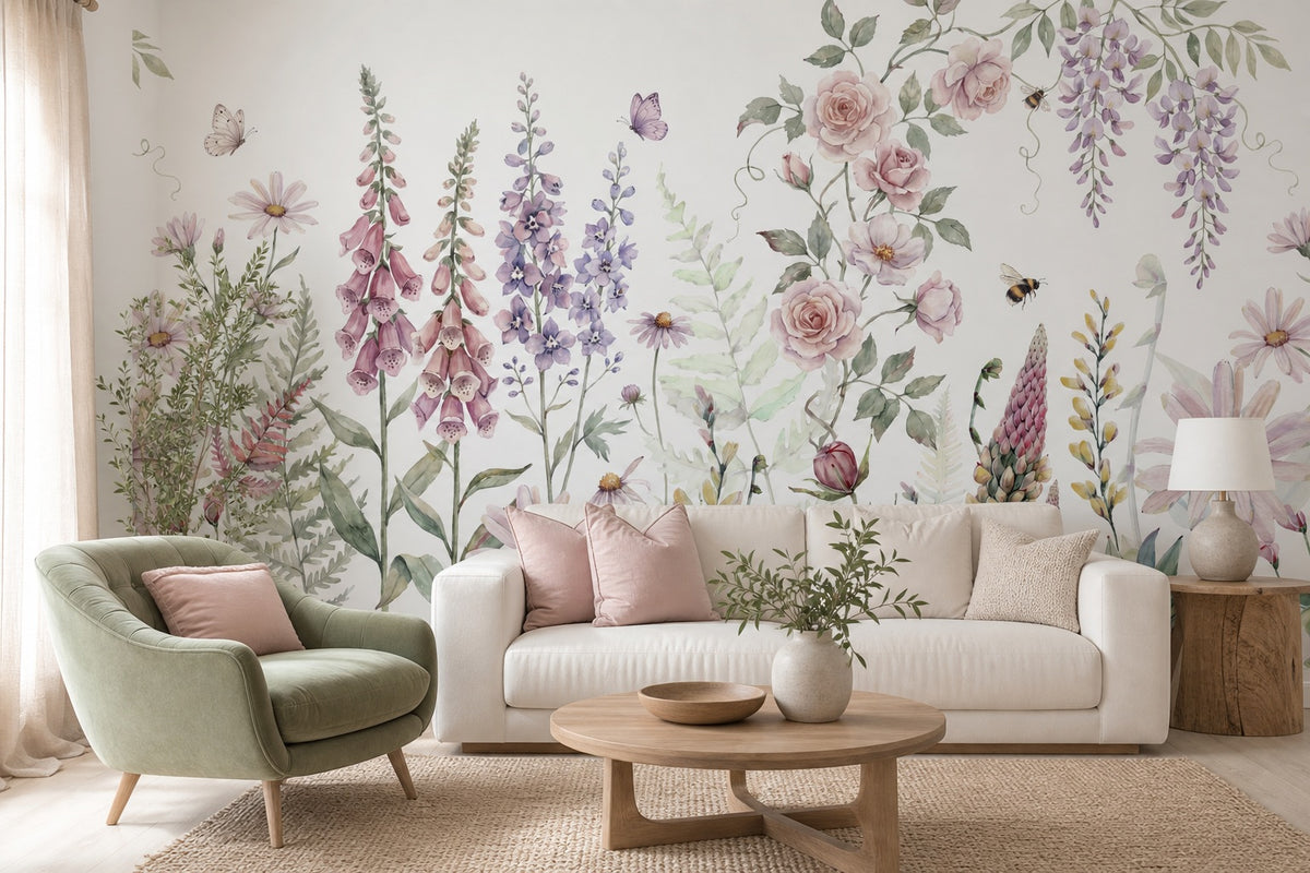 Sage Watercolor Wildflower Garden Wallpaper Mural - 1