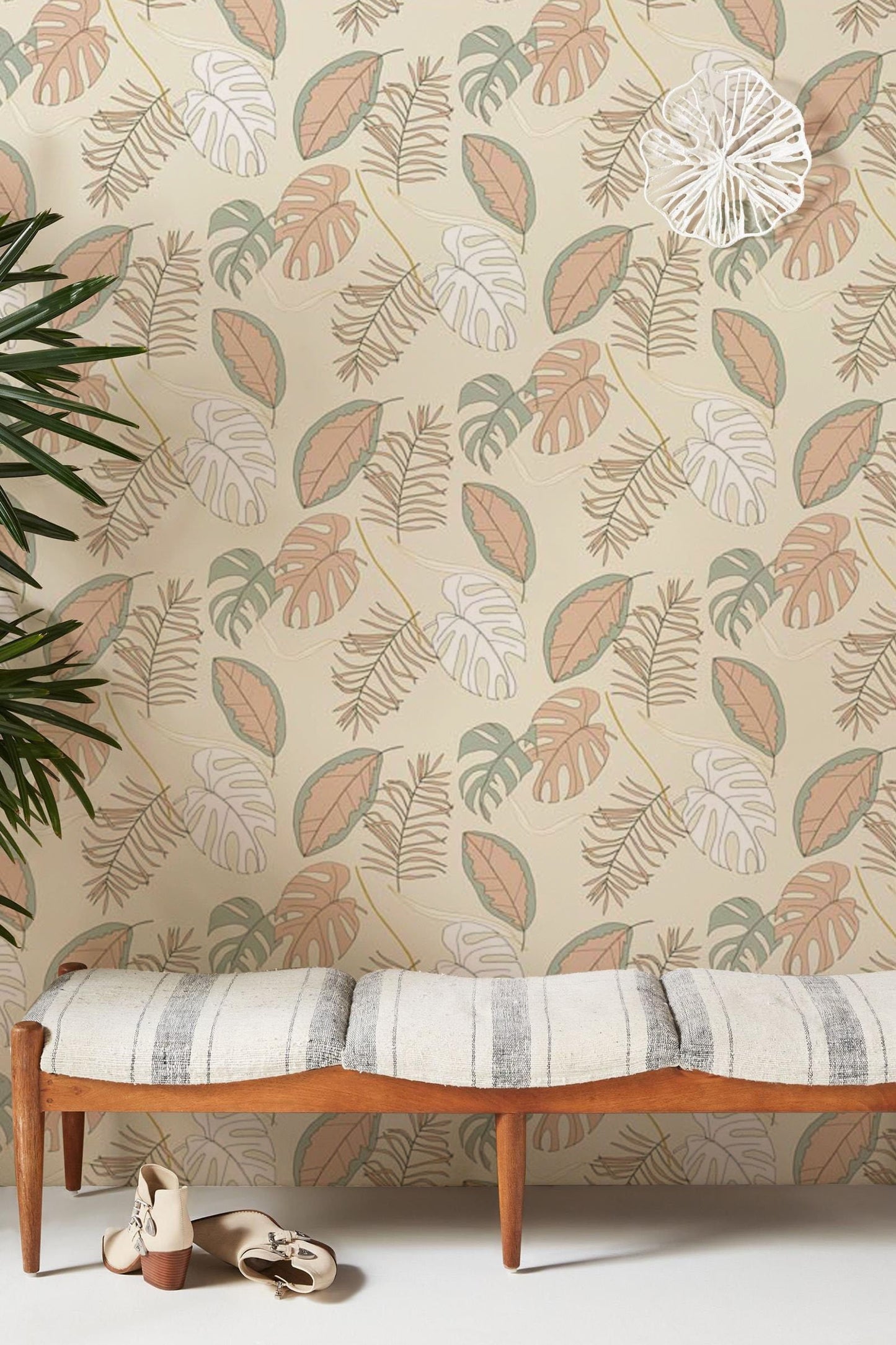 Botanical Leaf Pattern Neutral Mural Wallpaper