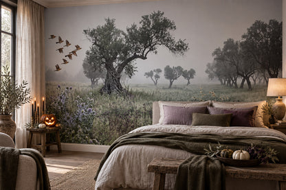 Misty Ancient Tree and Flying Birds Halloween Wallpaper Mural - image 3