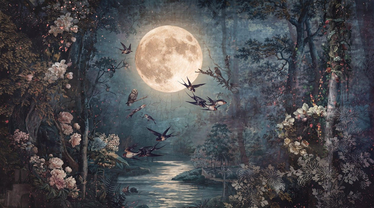 Moonlit Bird Forest Lake Wallpaper Mural