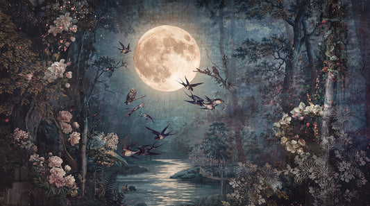 Moonlit Bird Forest Lake Wallpaper Mural pattern artwork