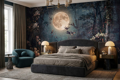Moonlit Bird Forest Lake Wallpaper Mural interior scene