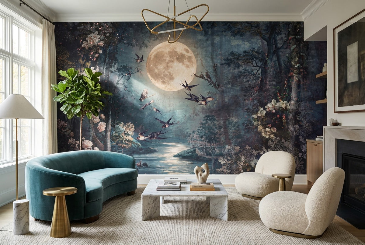 Moonlit Bird Forest Lake Wallpaper Mural interior scene