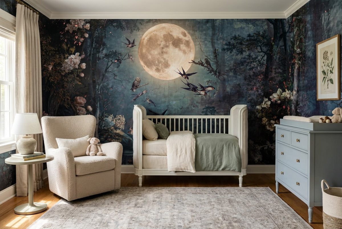 Moonlit Bird Forest Lake Wallpaper Mural interior scene